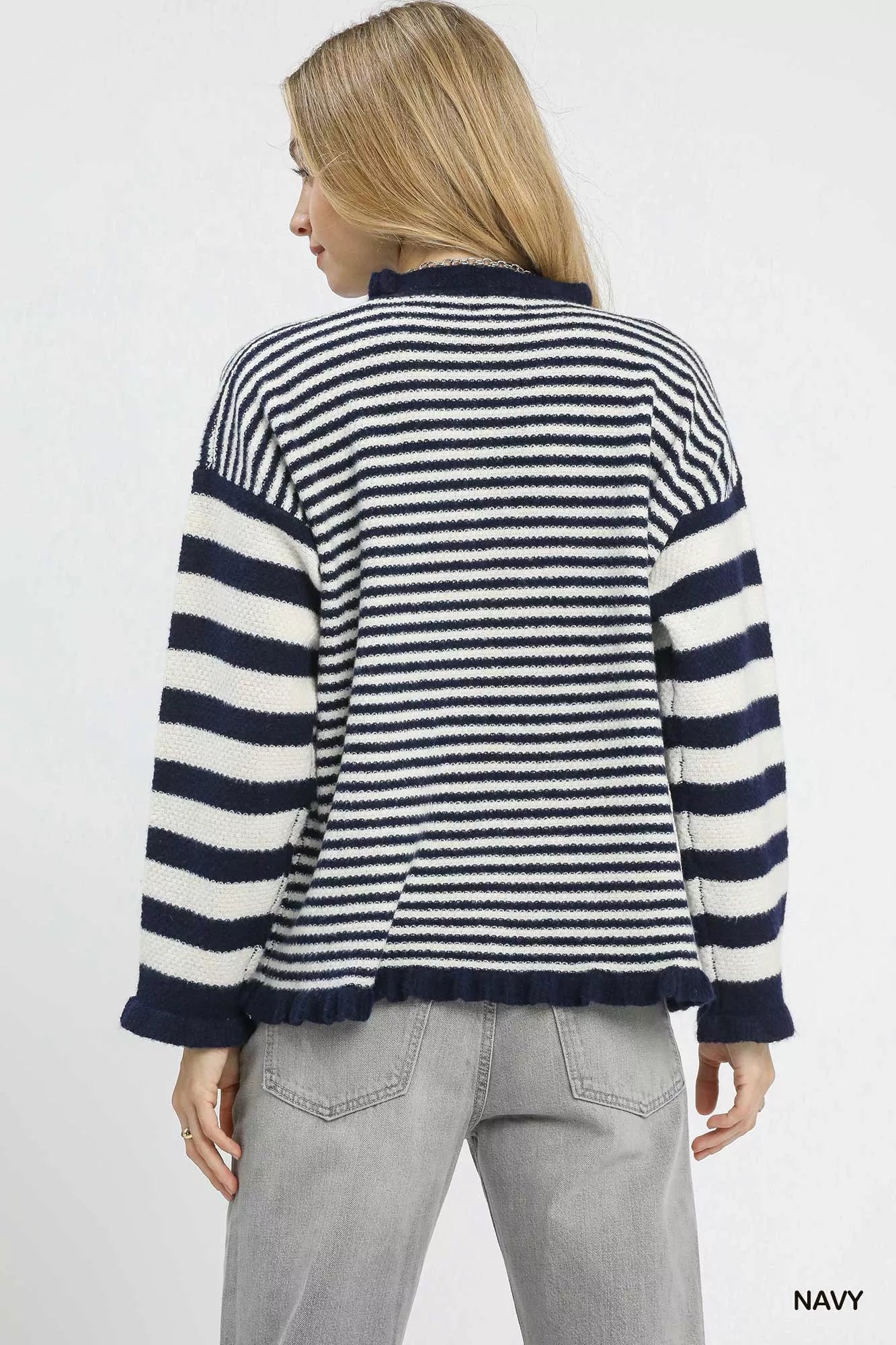 Umgee Ruffle Neck Navy Stripe Sweater
