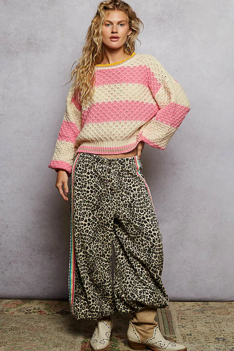 POL Pink Stripe Contrast Striped Round Neck Sweater with Textured Cable Knit Pattern