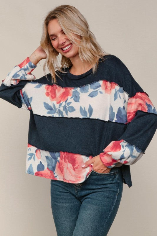 Haptics Floral Colorblock & Out-seam Overlock Stitching Long Sleeve Top