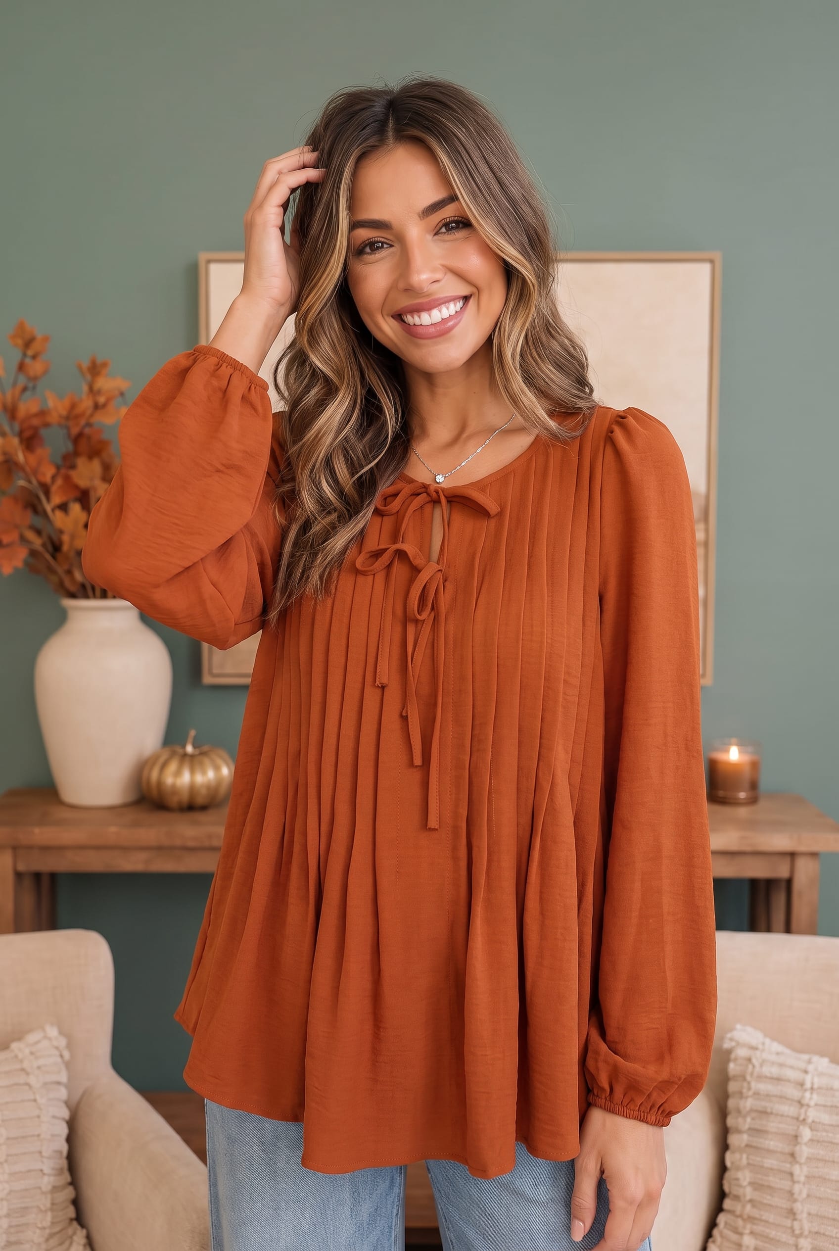 Haptics Sipping Apple Cider Tie Neck Blouse