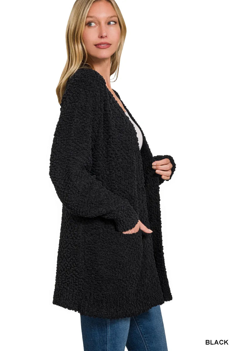 Zenana Black Long Sleeve Popcorn Sweater Cardigan with Pockets