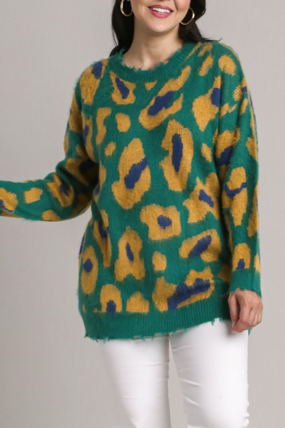 Umgee Green Leopard Destroyed Rib Band Sweater