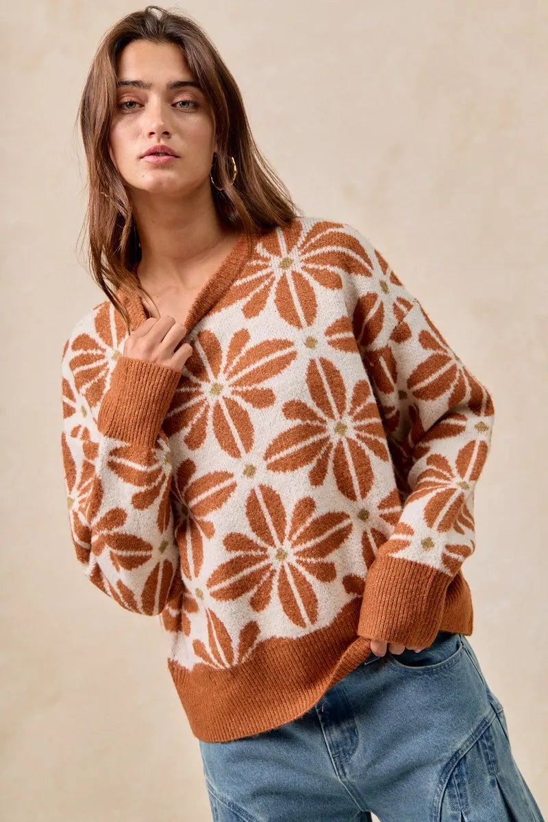 BiBi Rust & Ivory Flower Pattern Long Sleeve Sweater RUST IVORY