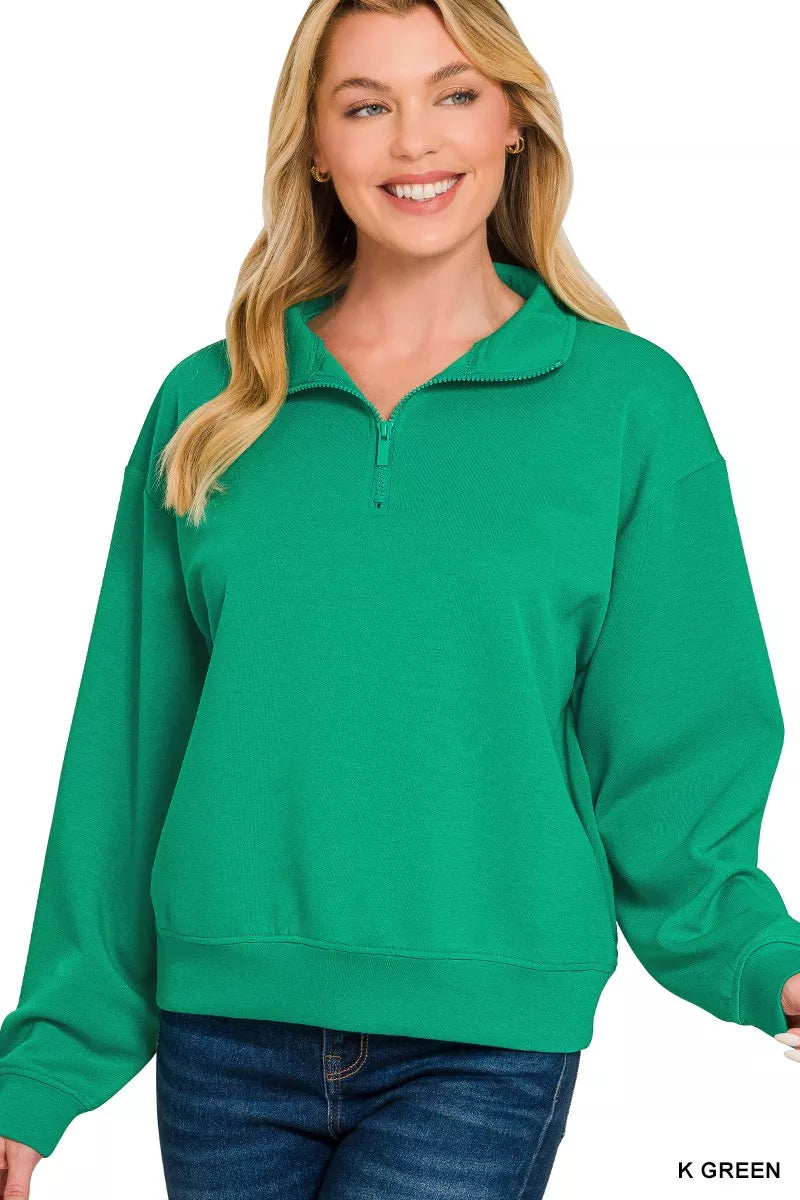 Zenana Kelly Green Scuba Half Zip Pullover Sweatshirt