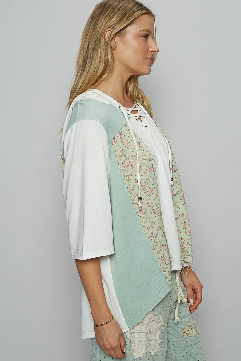 POL Ivory Lace-Up Hooded T-Shirt with Paisley Panel Detail