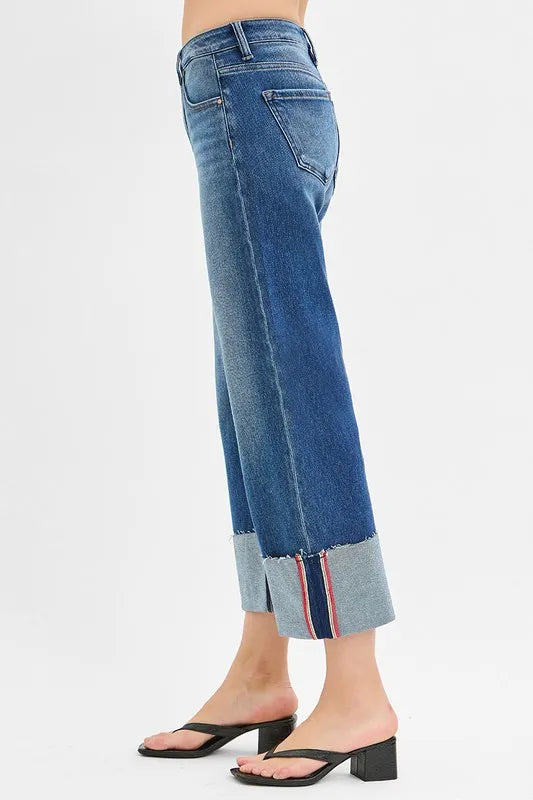 RISEN Tummy Control Mid Rise Crop Wide Cuffed Jeans