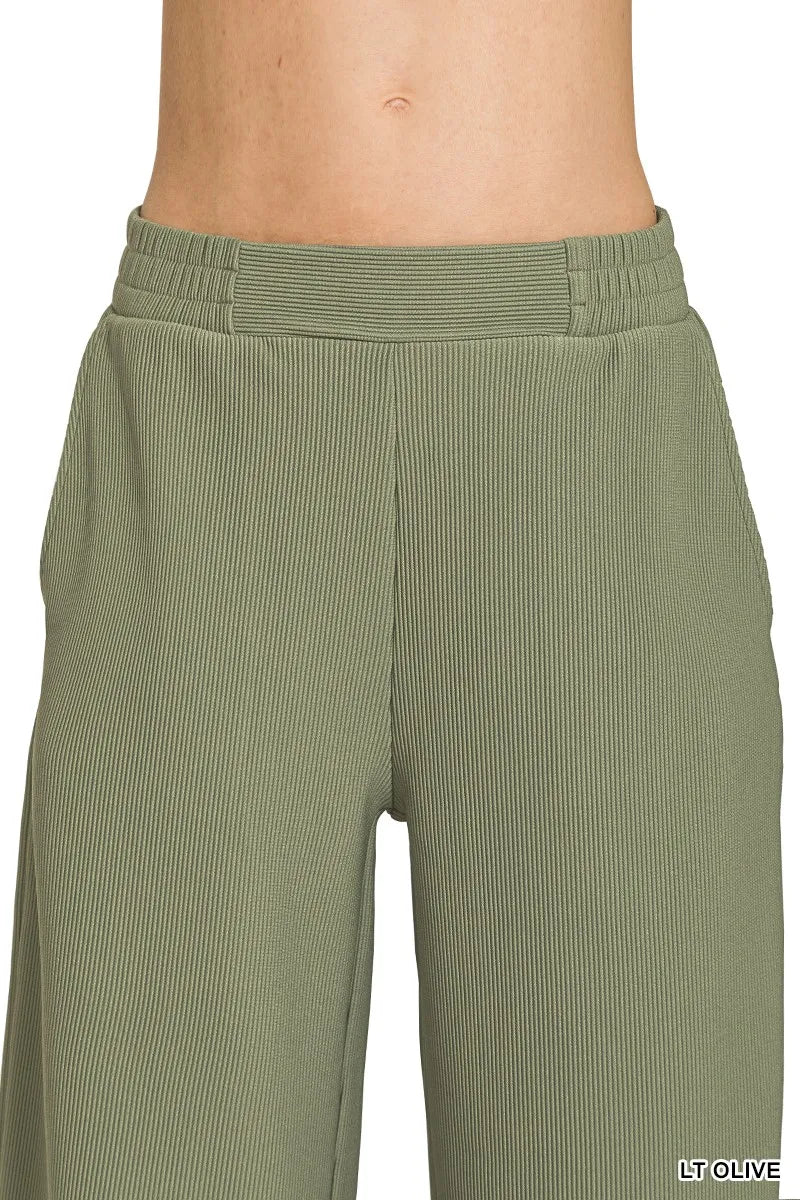 Zenana Light Olive Ribbed High Neck Half Zip Pullover & Pants Set