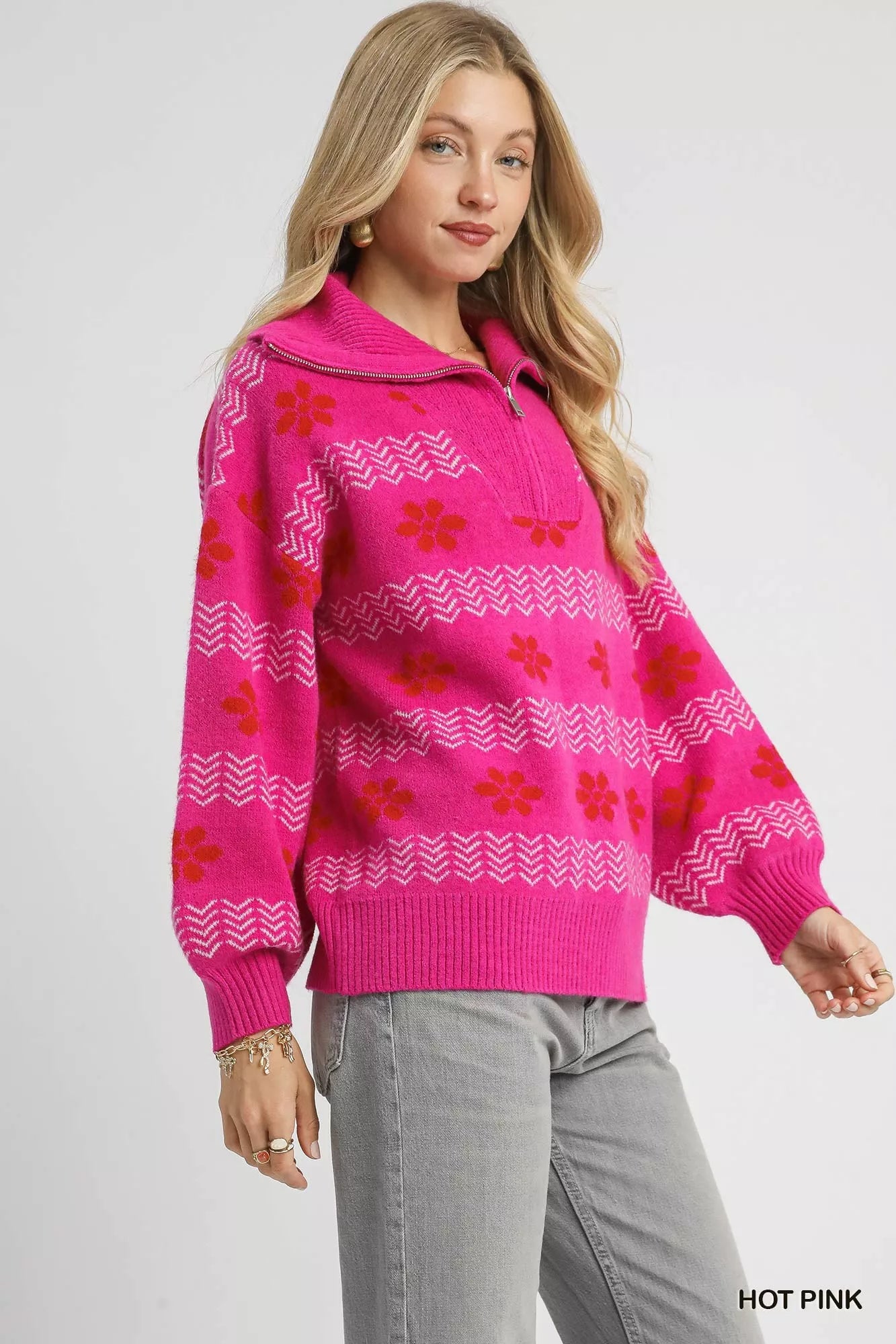 Umgee Hot Pink Floral Patterned Jacquard Quarter-Zip Pullover Sweater