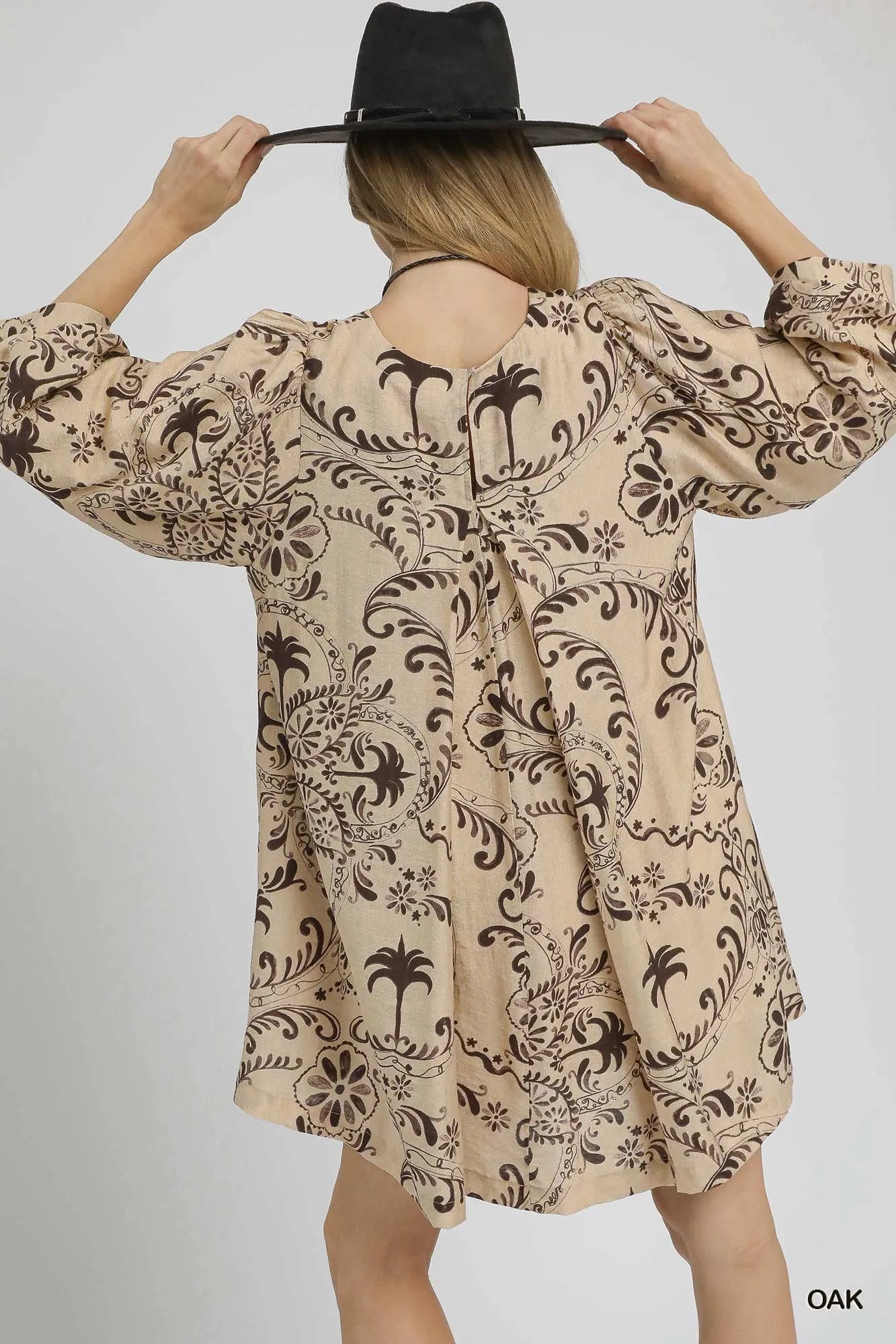 Umgee Oak Boho Printed Balloon Sleeve Mini Dress