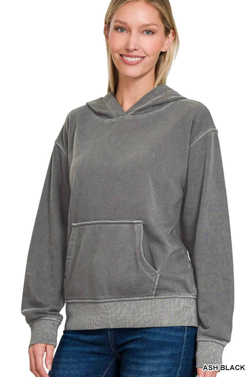 Zenana Ash Black Fleece Pigment Dye Kangaroo Pocket Hoodie