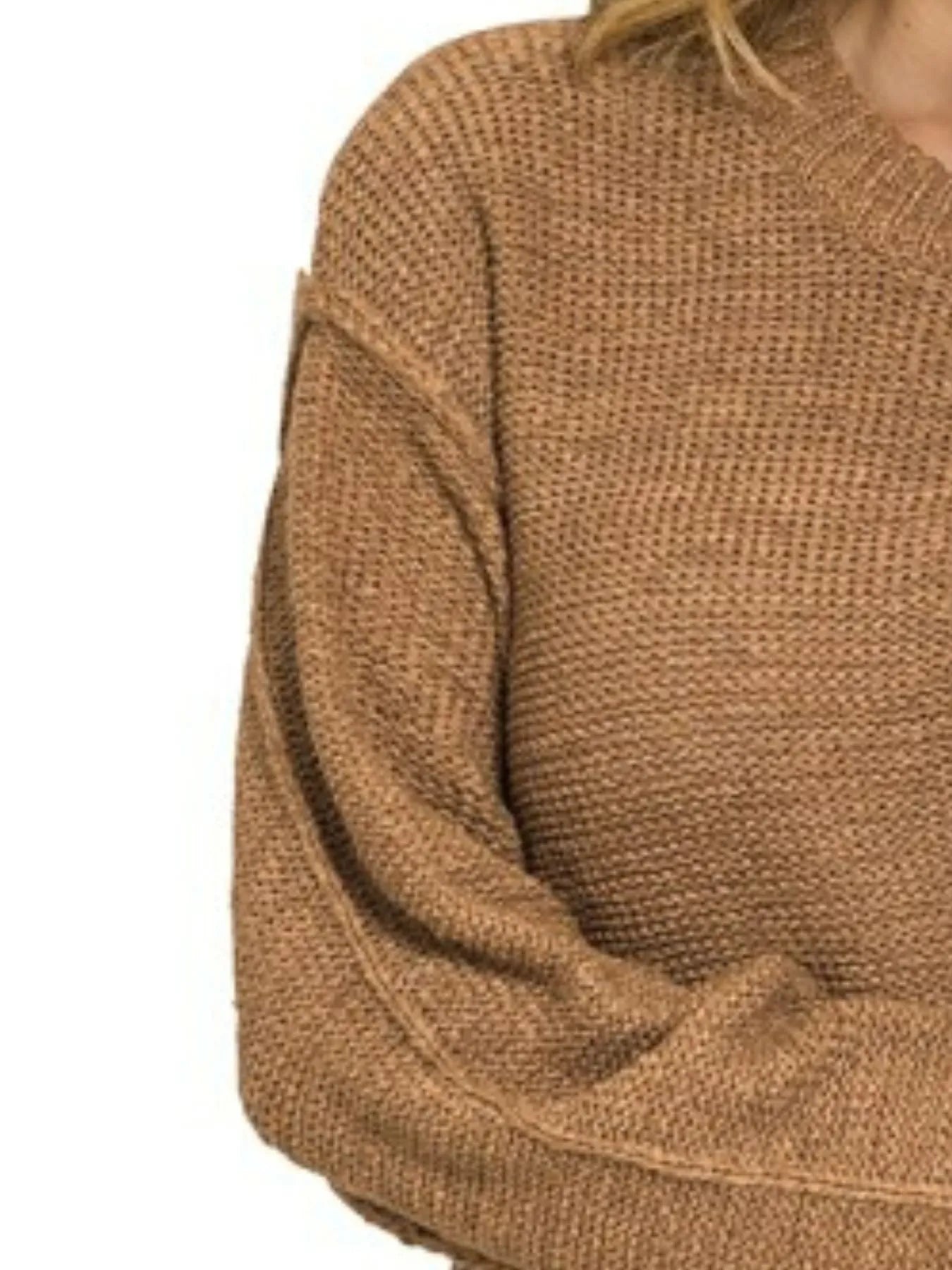 Zenana Deep Camel Exposed Seam Round Neck Sweater