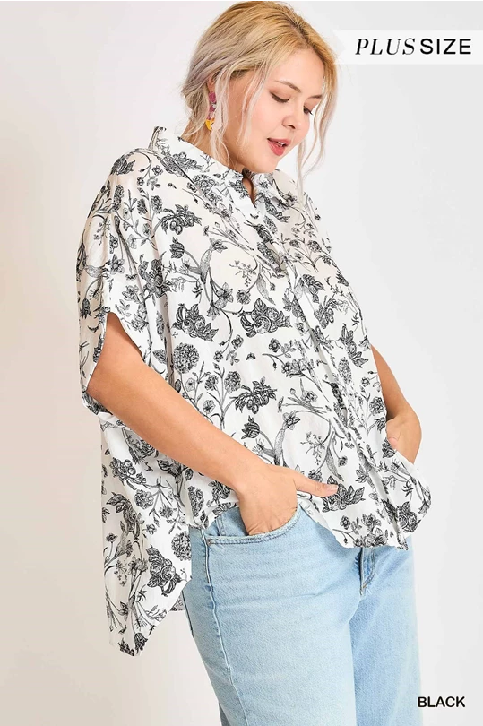 Umgee Black Two Tone Floral Print Top