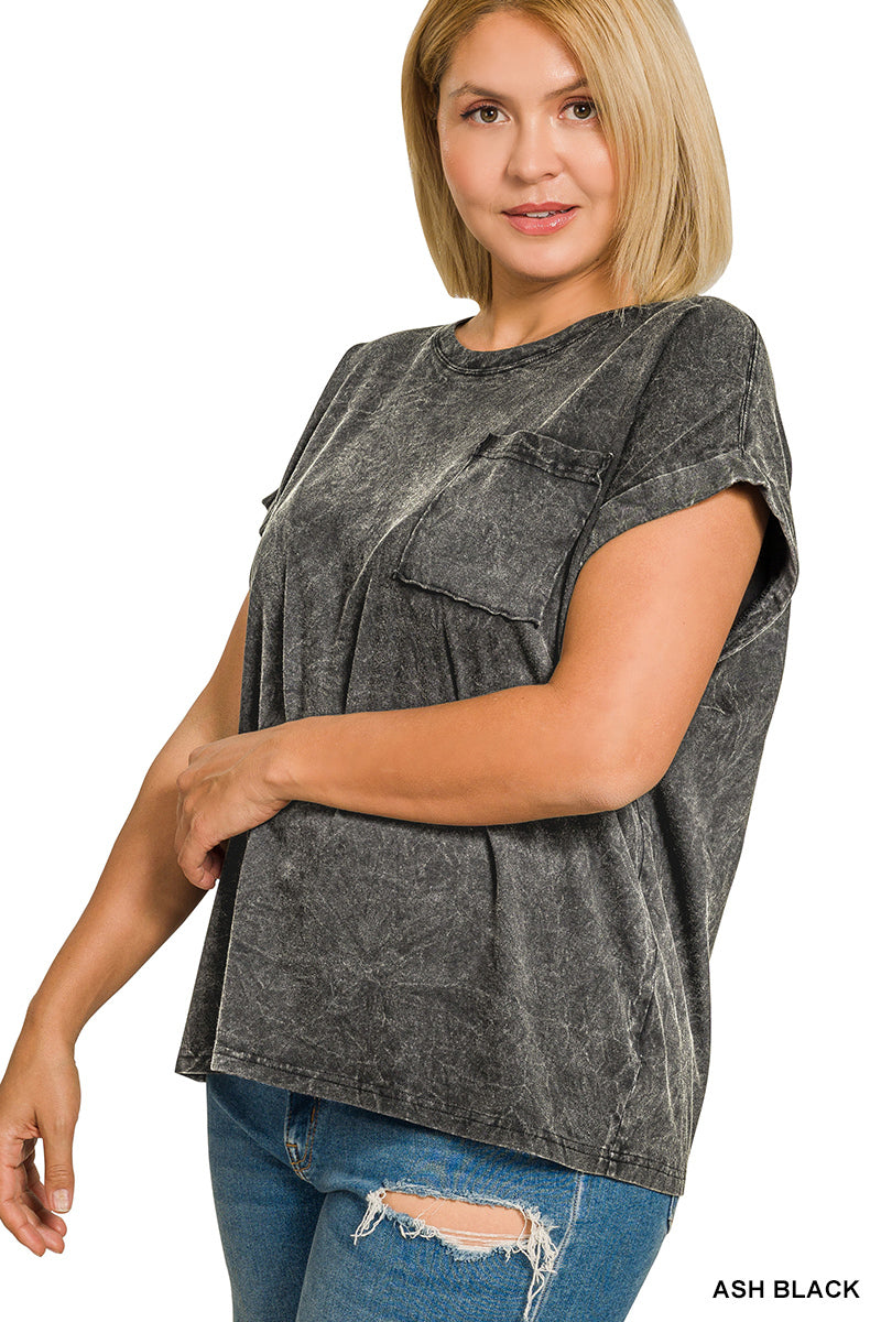 Zenana Ash Black Crinkle Washed Round Neck Folded Short Sleeve Tee