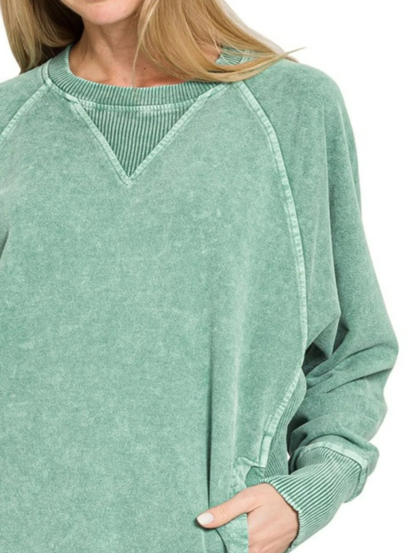 Zenana Dark Green Halo Snow Washed French Terry Round Neck Sweatshirt