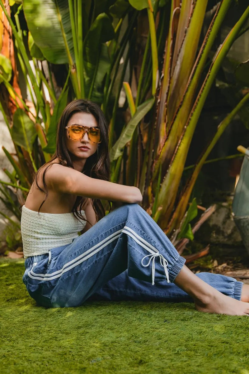 BiBi Striped Tape Details With Bow Tied Point Elastic Waist Jeans