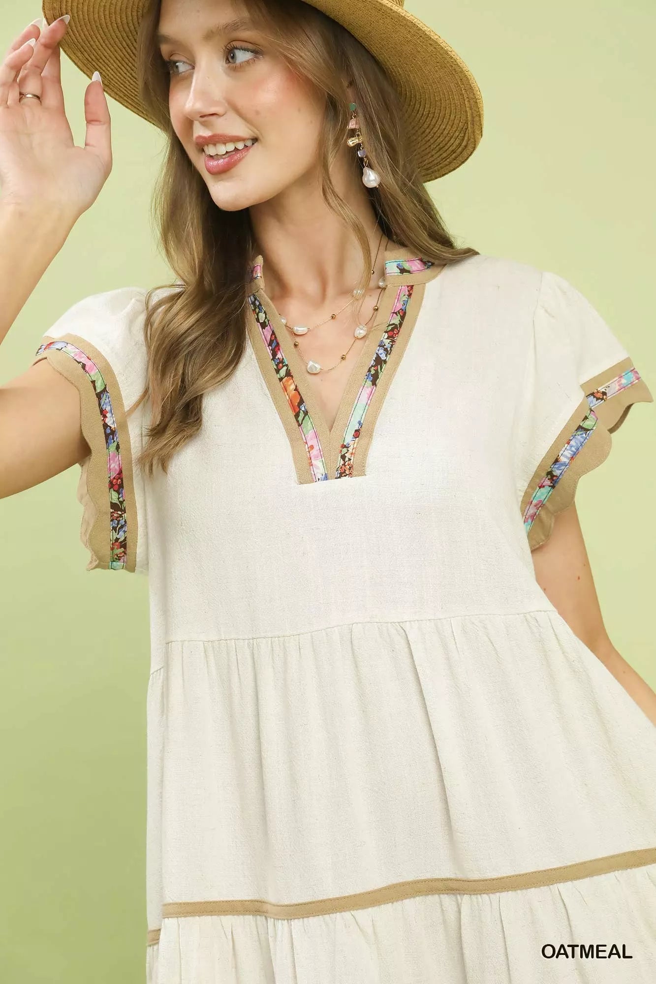 Umgee Linen Tiered Flutter Sleeve Dress with Floral Trim
