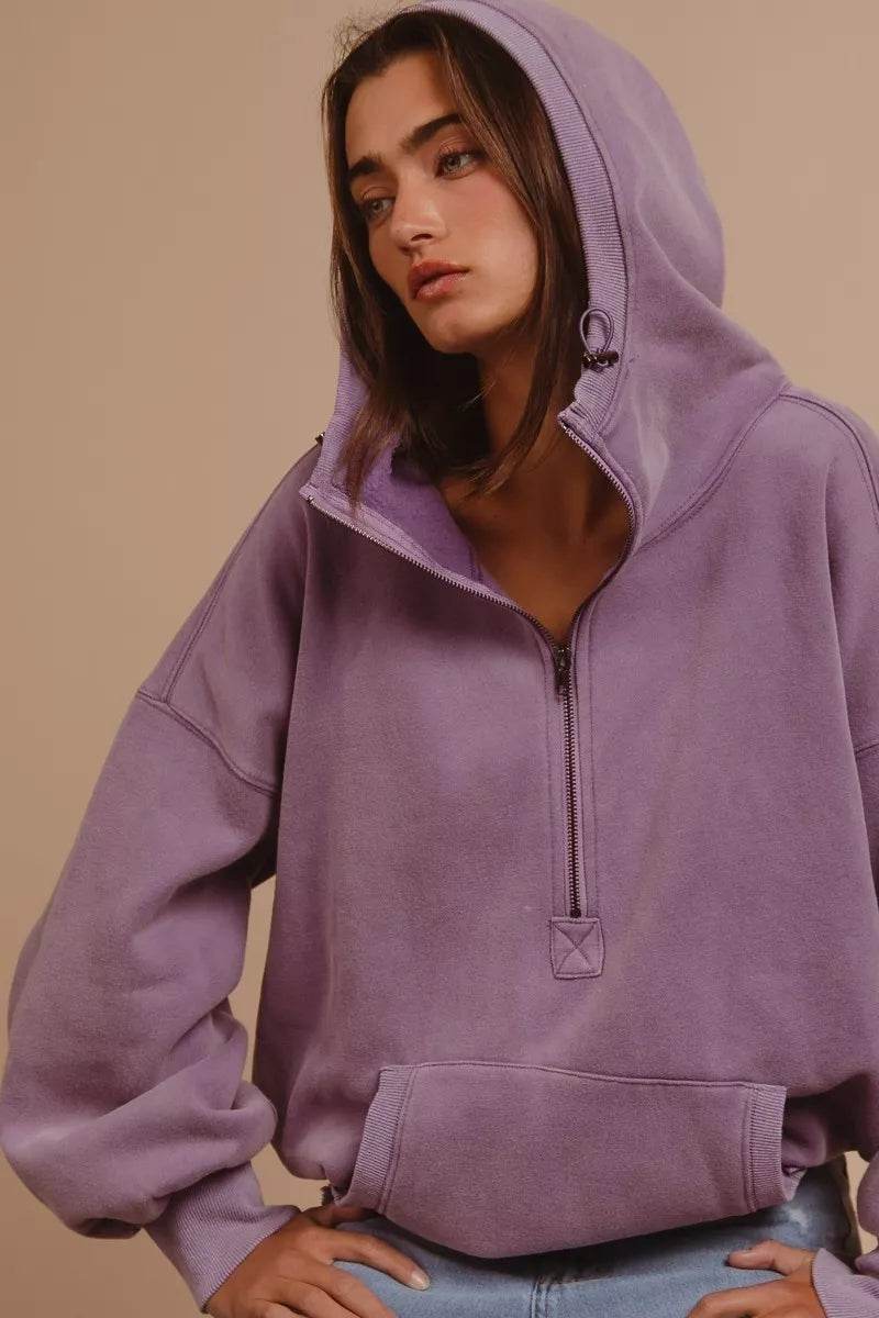 BiBi Periwinkle Stitch Detailed Elastic Hem Half Zip Fleece Hoodie