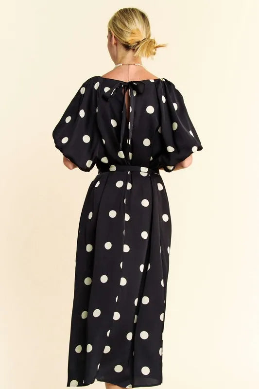 Davi & Dani Black Polka Dot Puff Sleeves Waist Tie Midi Dress