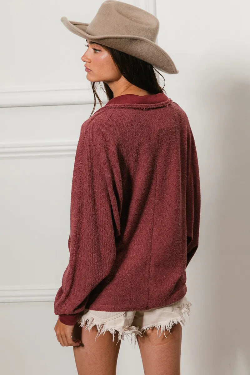 BiBi Marsala French Terry Cut Edge Detail Collared Long Sleeve Top