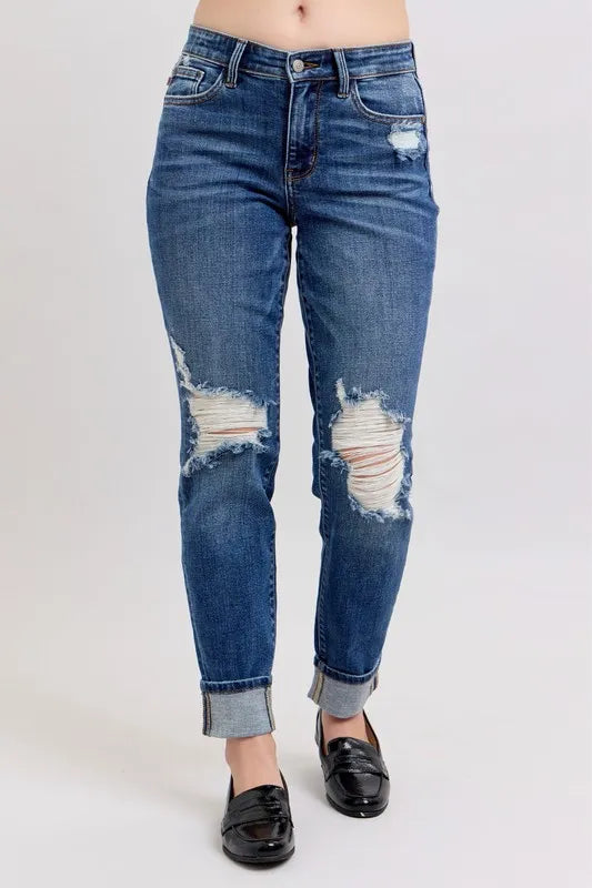 Judy Blue Dark Washed Midi Rise Boyfriend Destroyed Jeans with Yoke Pockets and Faux Selvedge Cuff DK