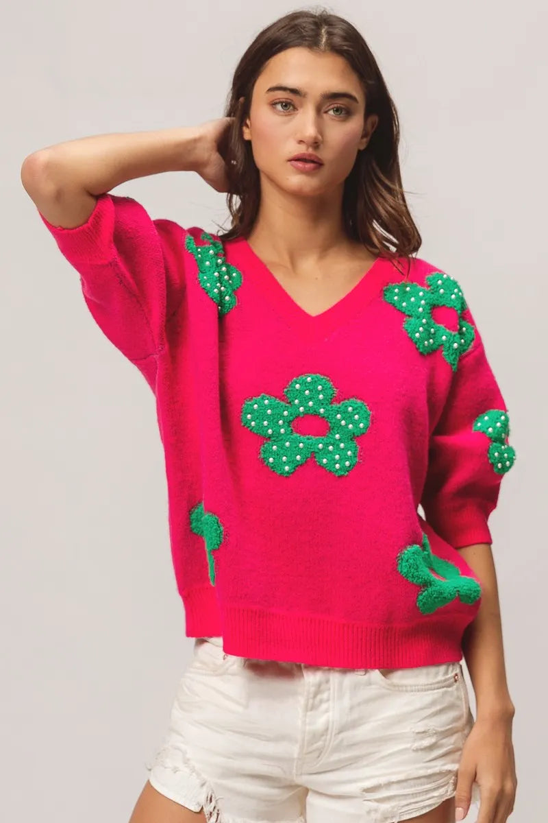 BiBi Fuchsia & Jade Pearl Beads Flowers Sweater Top