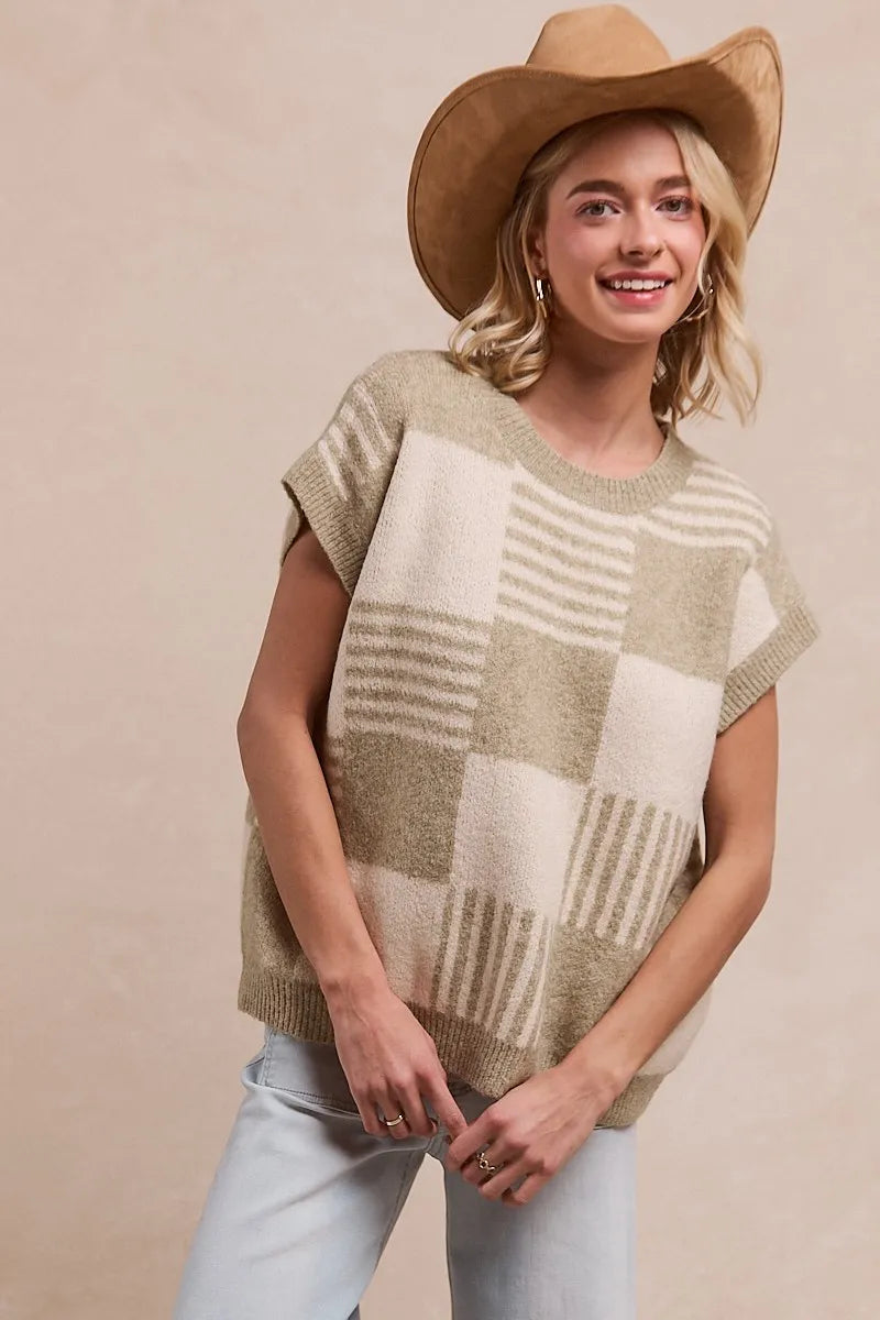 BiBi Olive & Ivory Checker With Stripes Pattern Sleeveless Sweater