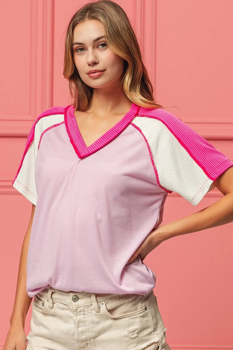 BiBi Pink & Fuchsia Cord Rib Combo V Neck Jersey Knit Top