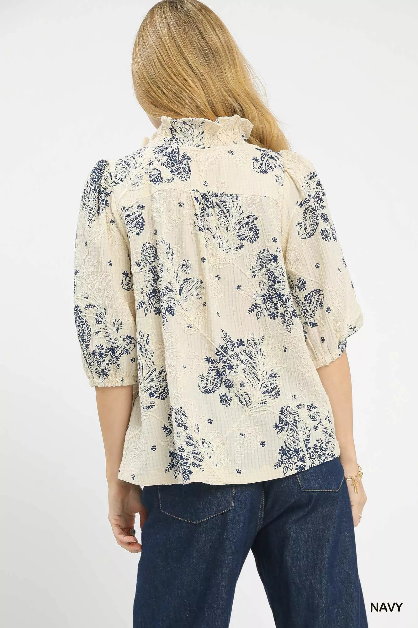 Umgee Navy Floral Embroidered Blouse with Ruffle Trim