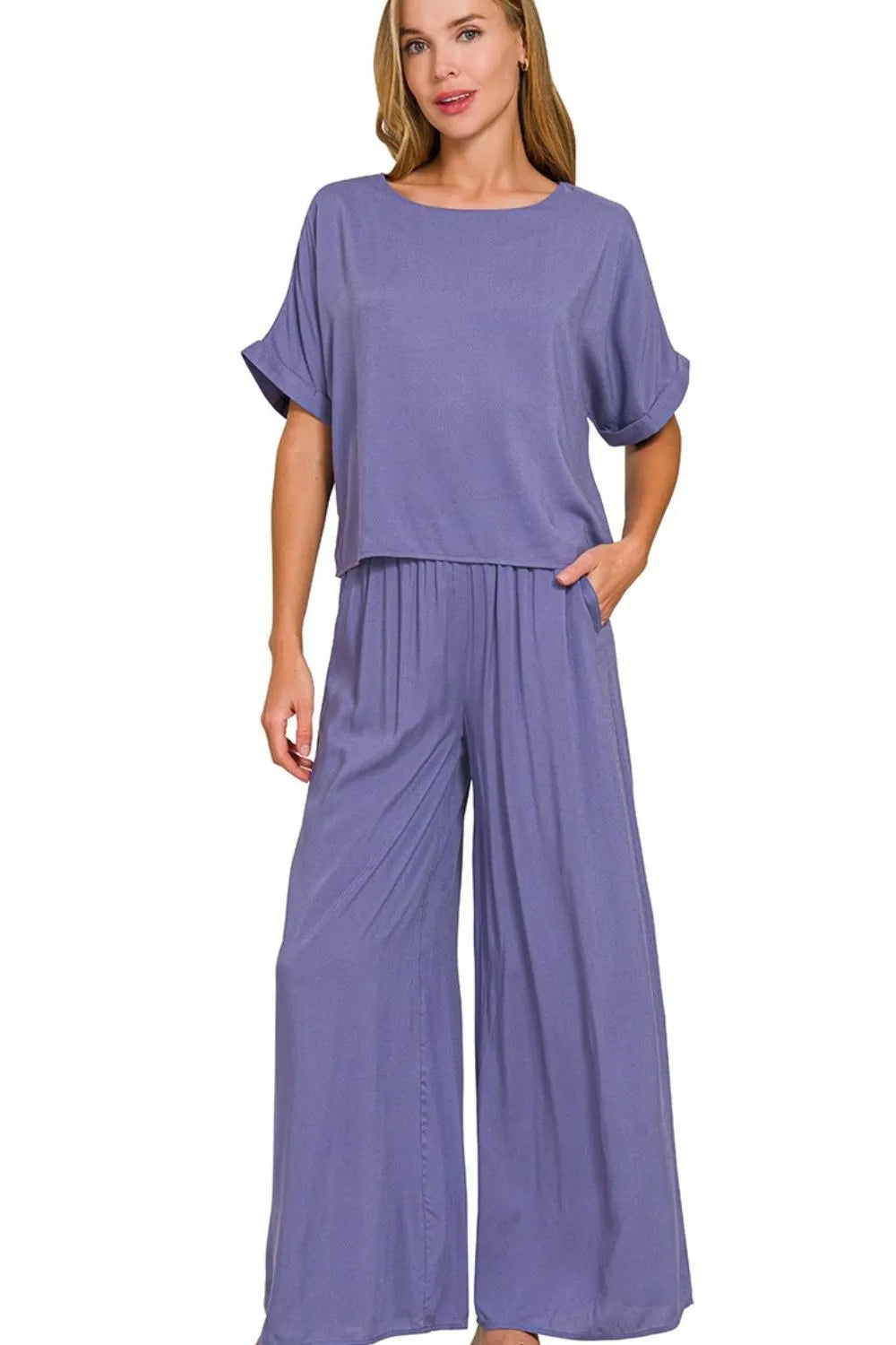 Zenana Marlin Round Neck T-Shirt and Wide Leg Pants Set MARLIN