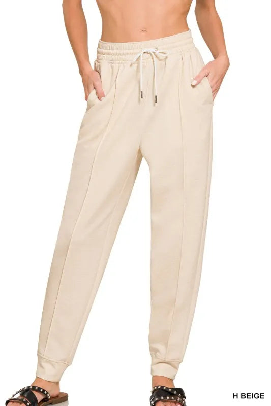 Zenana Heather Beige Drawstring Scuba Jogger Sweatpants with Pockets
