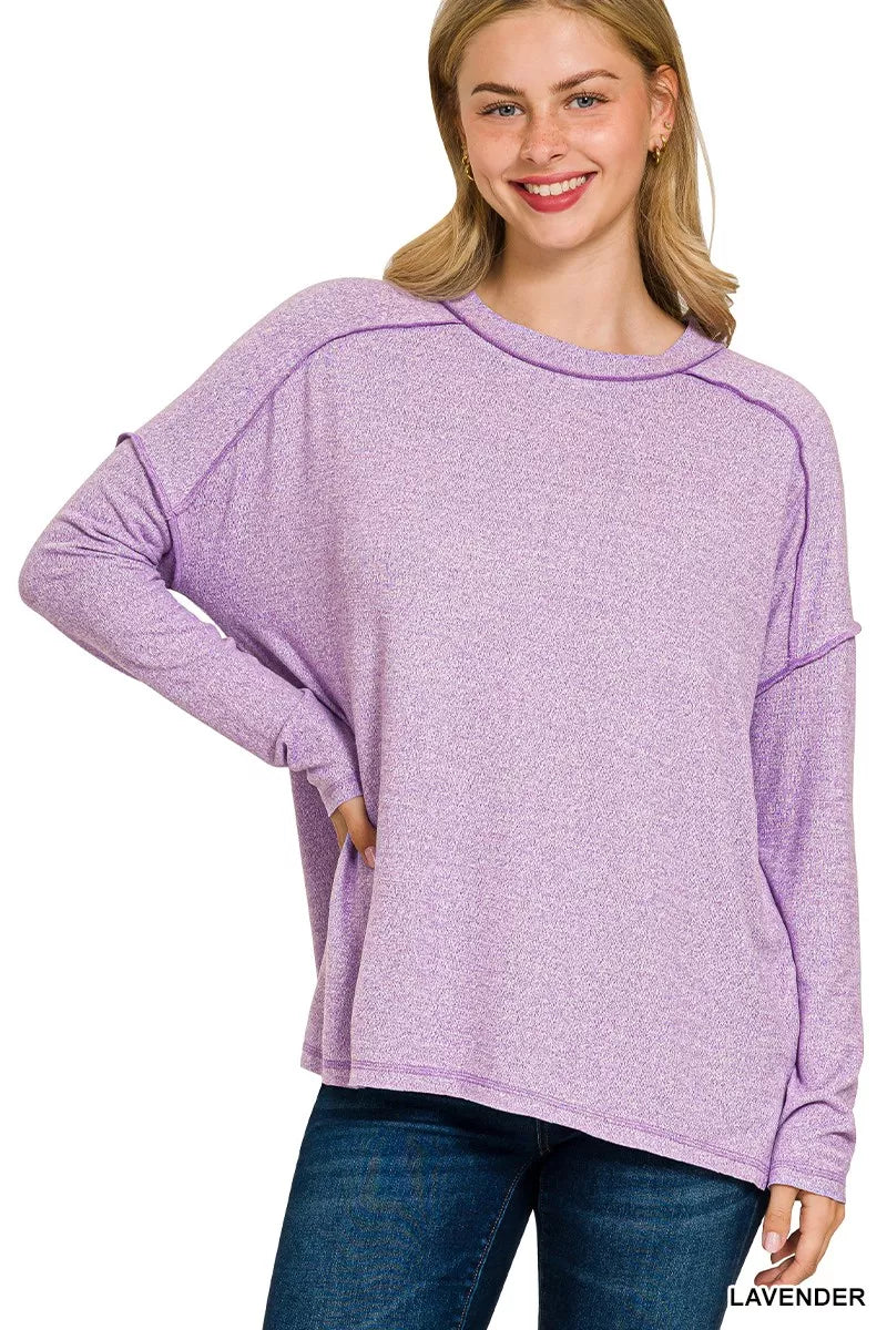 Zenana Lavender Melange Hacci Exposed Seam Hi-low Top