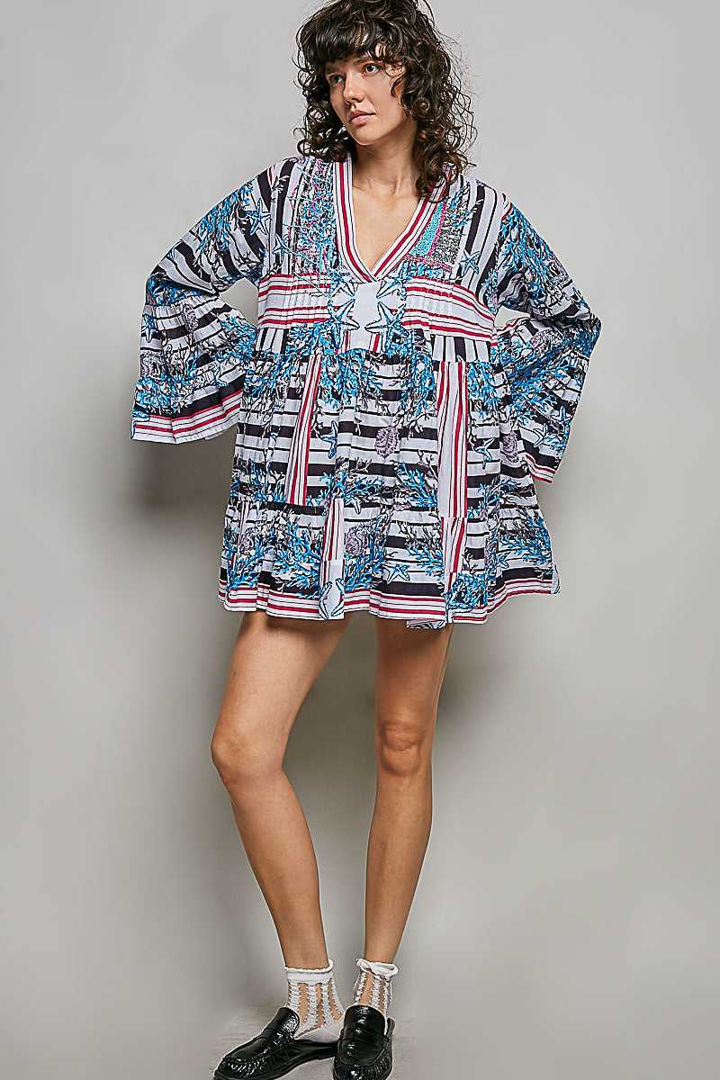 POL Striped Floral Long Sleeve Mini Dress with Pintuck Detail