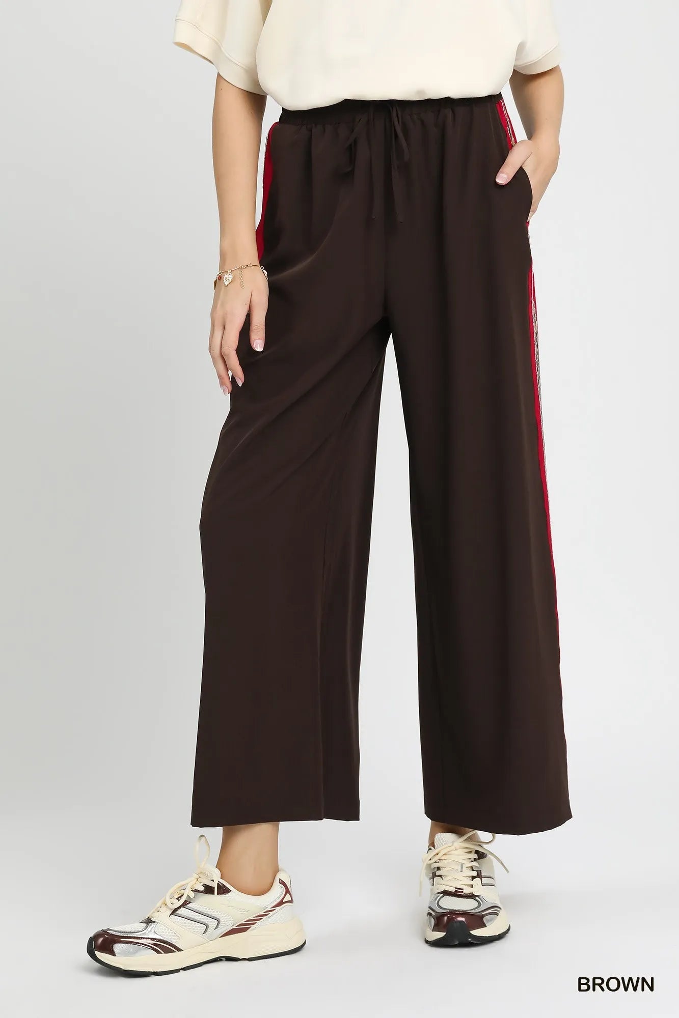 Umgee Wide Leg Pants with Contrast Side Trim Brown