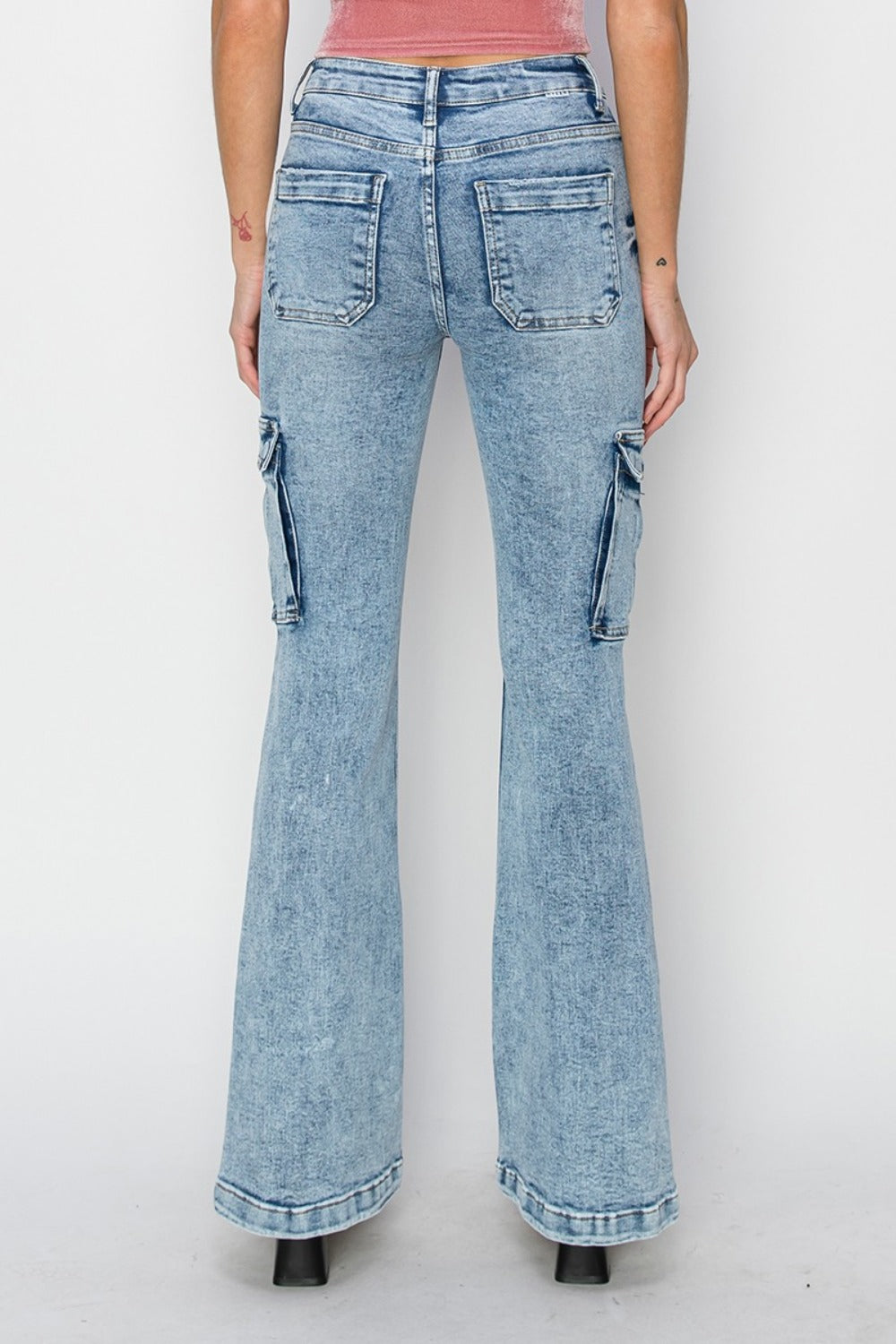 RISEN Medium Acid Washed High Rise Cargo Flare Jeans