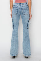 RISEN Medium Acid Washed High Rise Cargo Flare Jeans