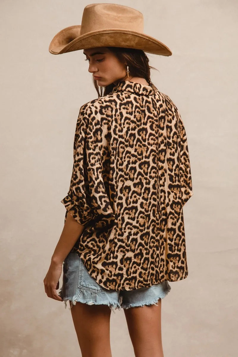 BiBi Leopard Print Button Up Oversized Short Sleeve Top