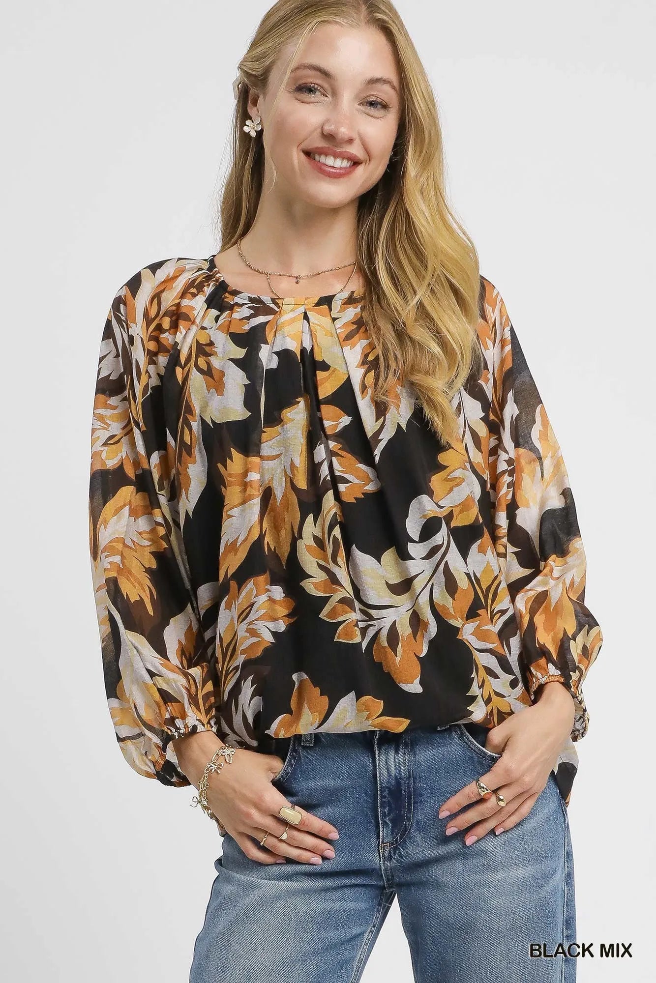Umgee Black Mix Abstract Print Balloon Sleeve Blouse BLACK MIX