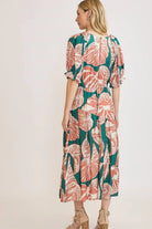 Umgee Green & Clay Printed Notched Puff Sleeve Midi Dress