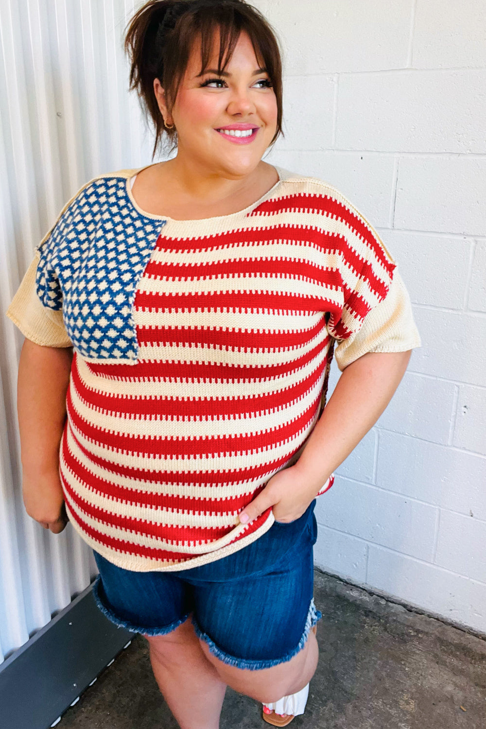 Haptics American Flag Jacquard Knit Sweater Top Final Sale