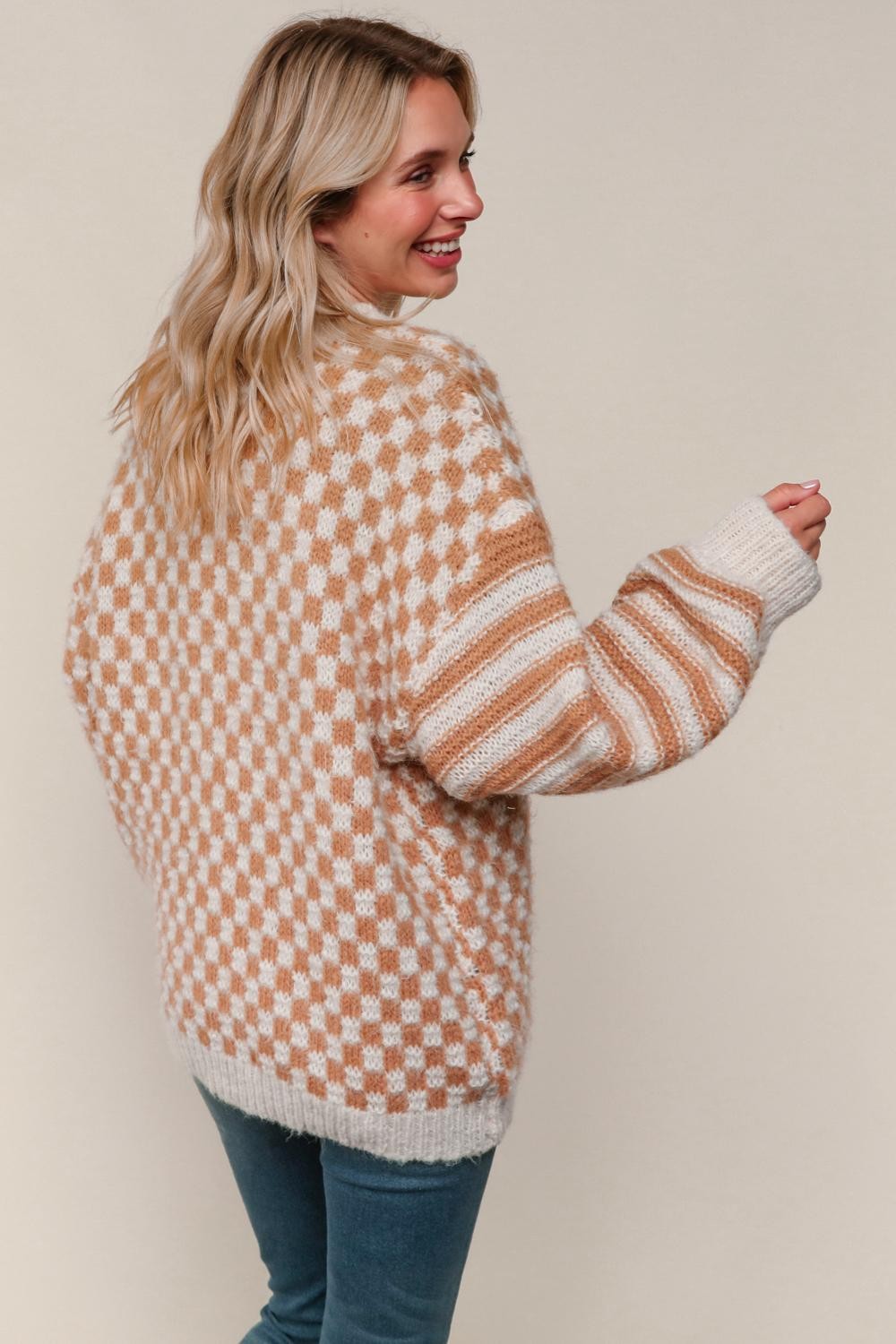 Haptics Taupe & Oatmeal Oversized Checker Stripe Pullover Sweater