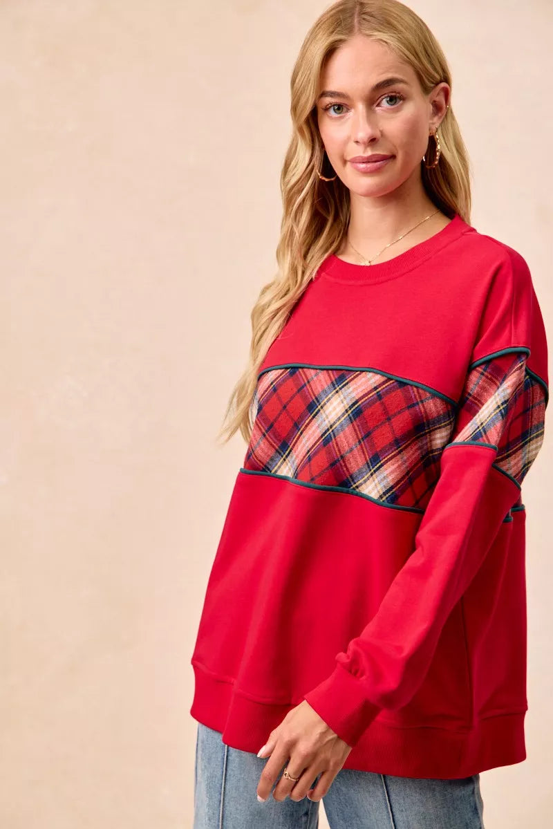 BiBi Red Christmas Theme Plaid Block Sweatshirt with Binding