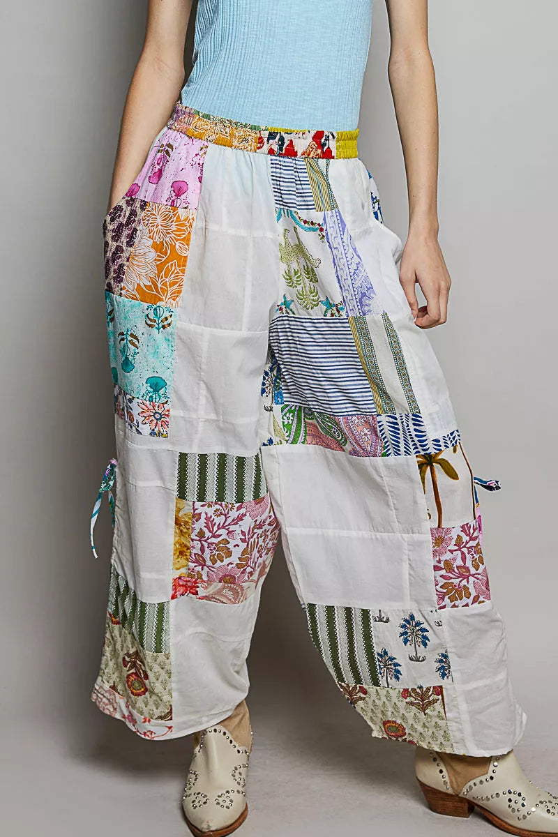 POL Ivory Multi Printed Bohemian Patchwork Wide Leg Pants with Adjustable Side Drawstring IVORY MULTI