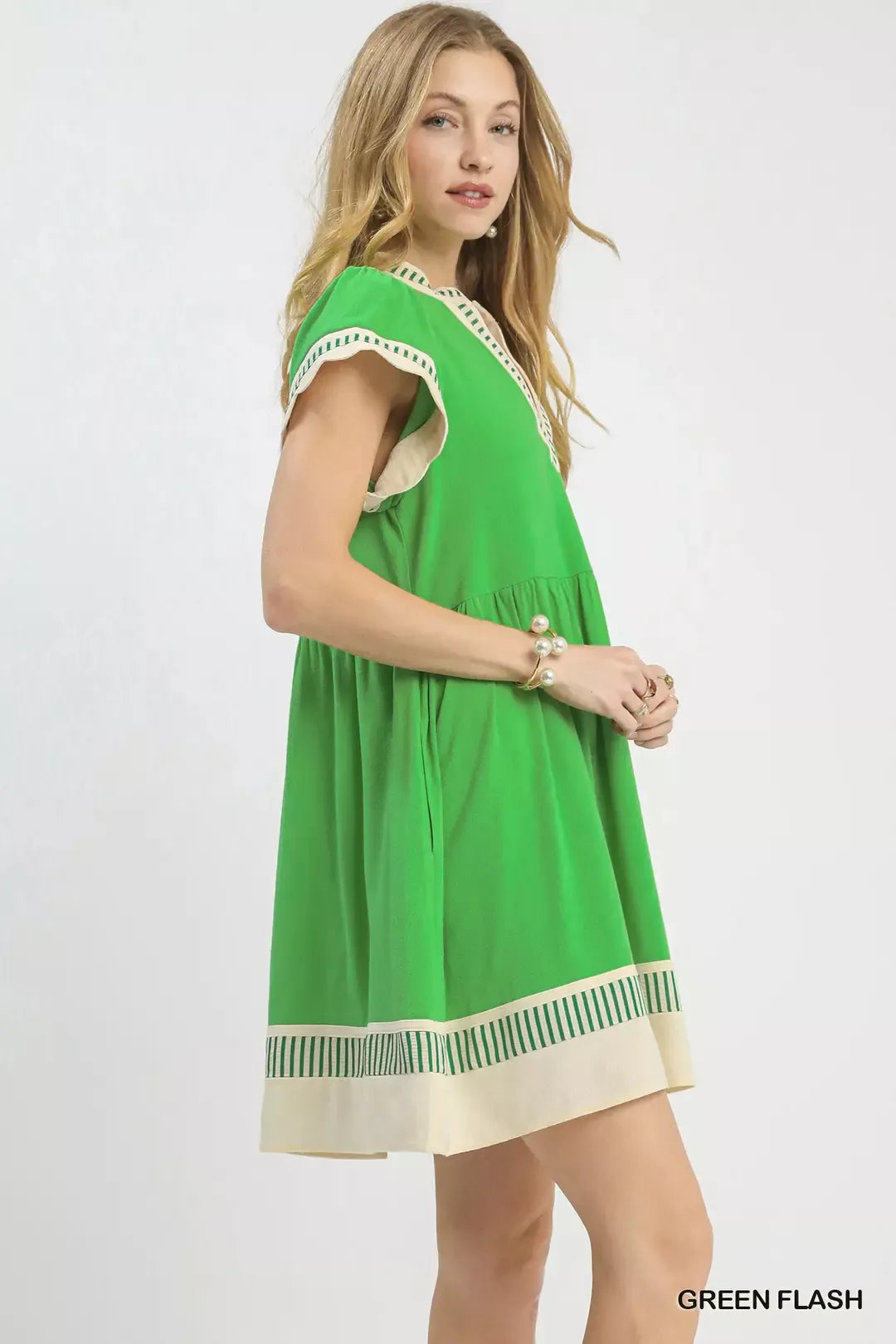 Umgee Green Linen Color Block Flutter Sleeve Dress