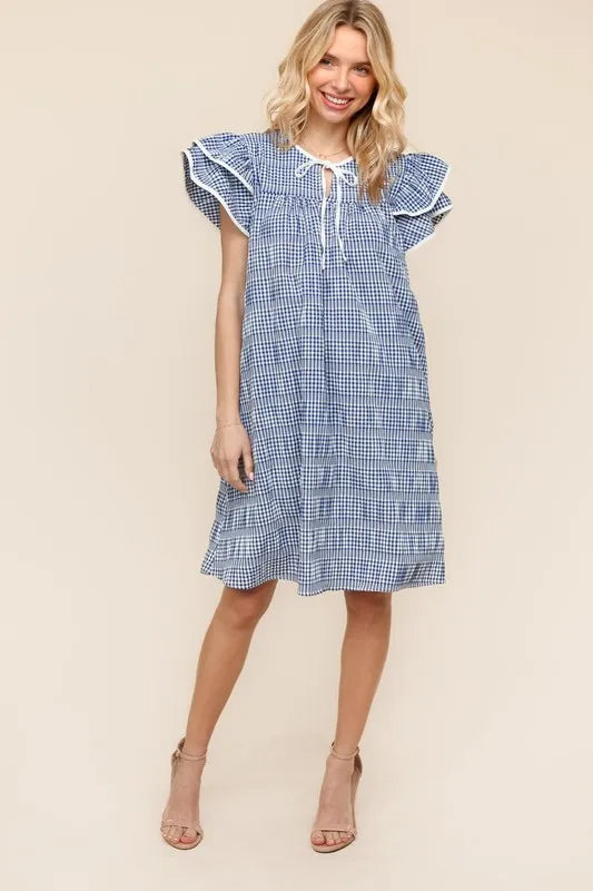 Haptics Navy Plaid Double Ruffle Sleeve Dress with Side Pockets