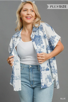Umgee Blue Two Tone Toile Print Button Up Short Sleeve Blouse