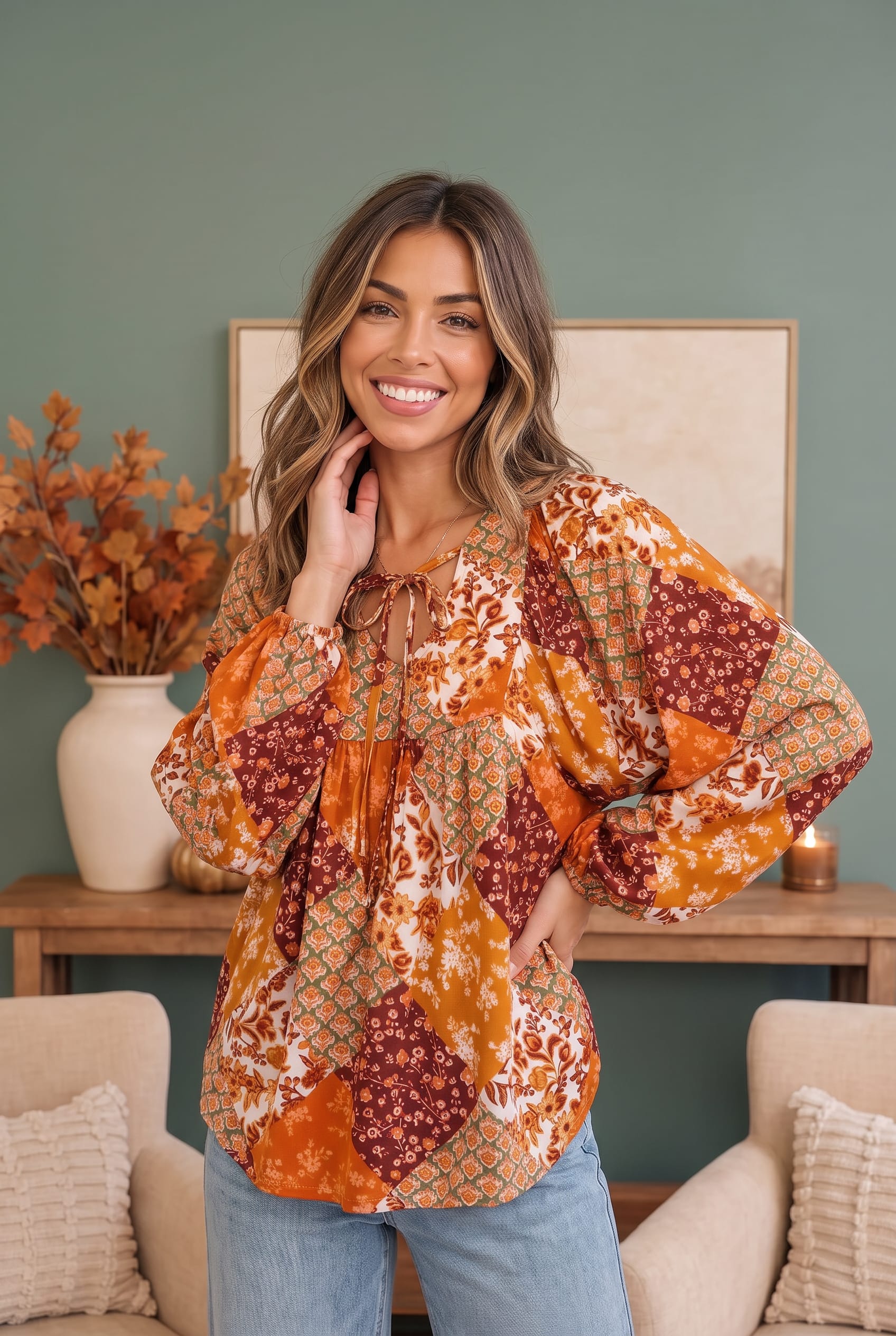 Haptics Autumn Patchwork Boho Blouse in Rust