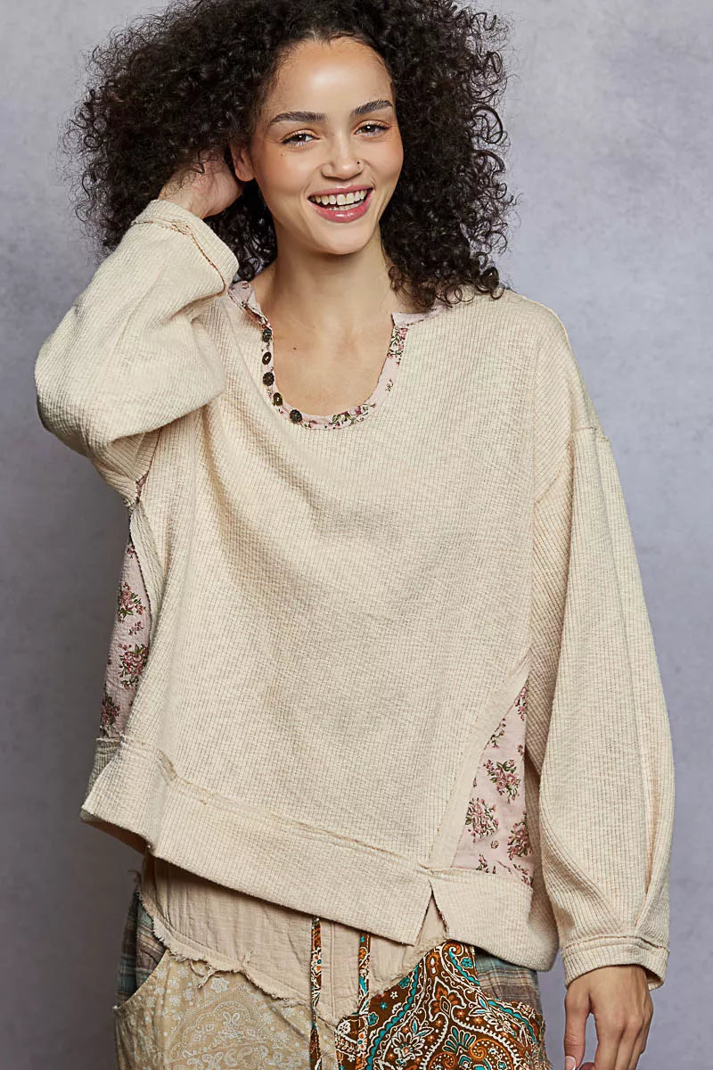 POL Powered Almond Balloon Sleeve Oversized Ribbed Top with Floral Pattern Contrast