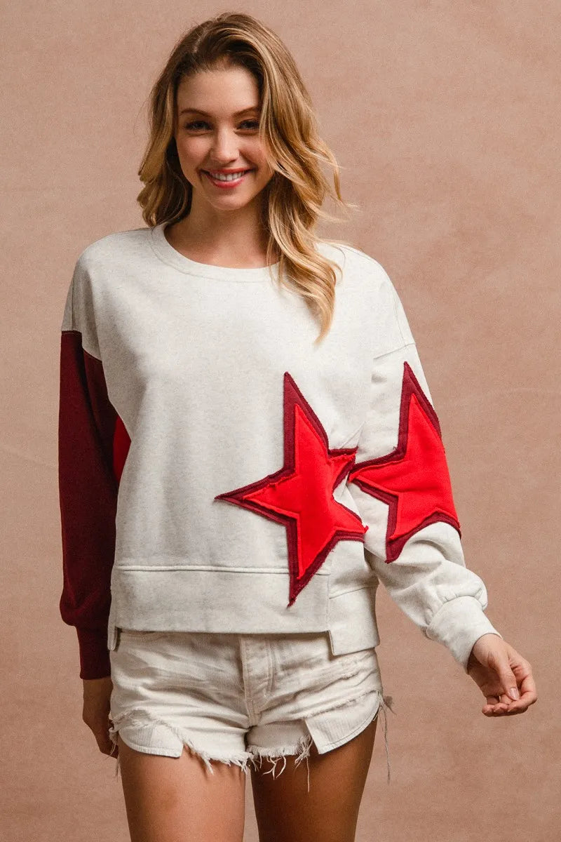 BiBi Star Patch And Spliced Hemline French Terry Long Sleeve Sweatshirt