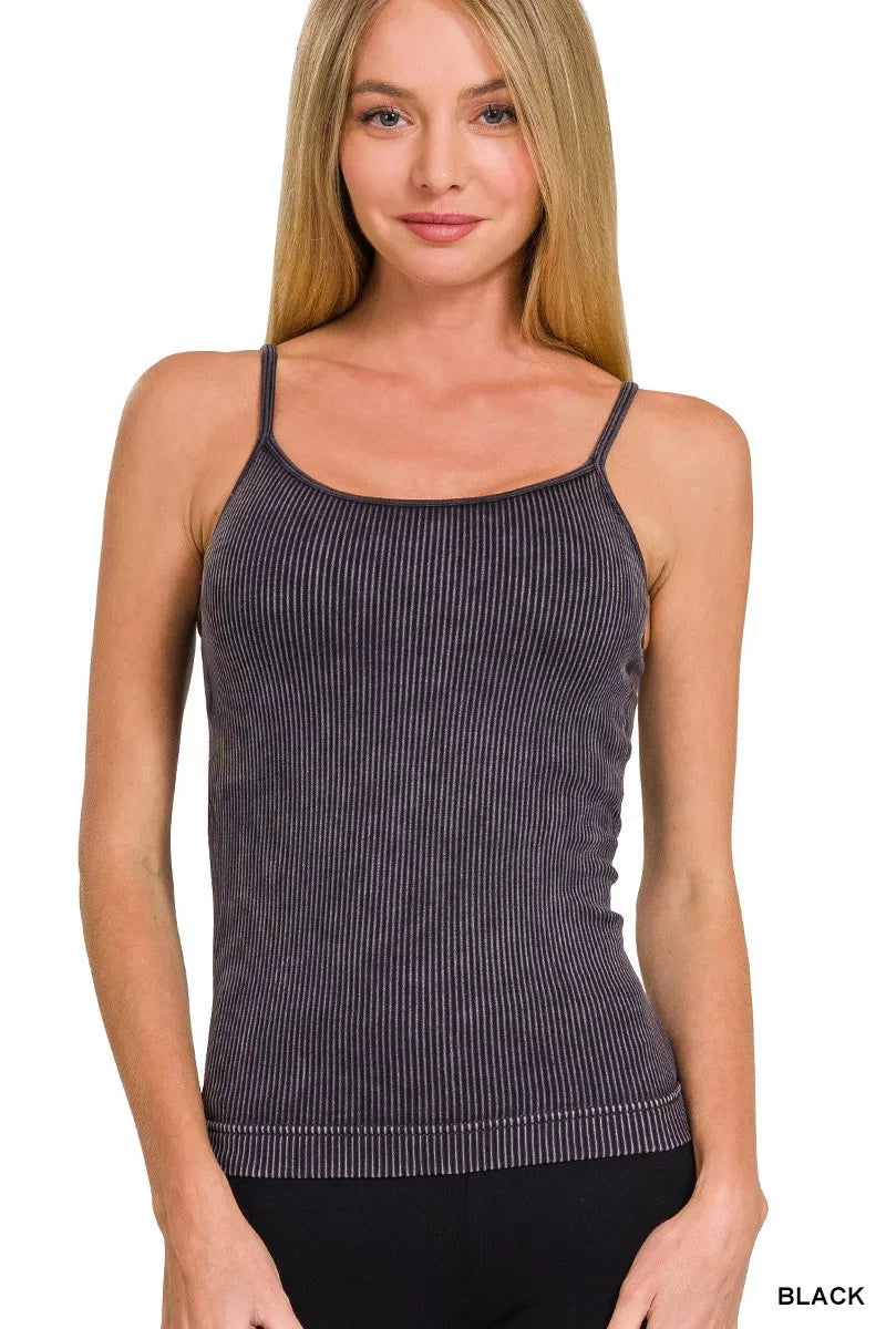 Zenana Stone Washed Ribbed Seamless Tank Top BLACK