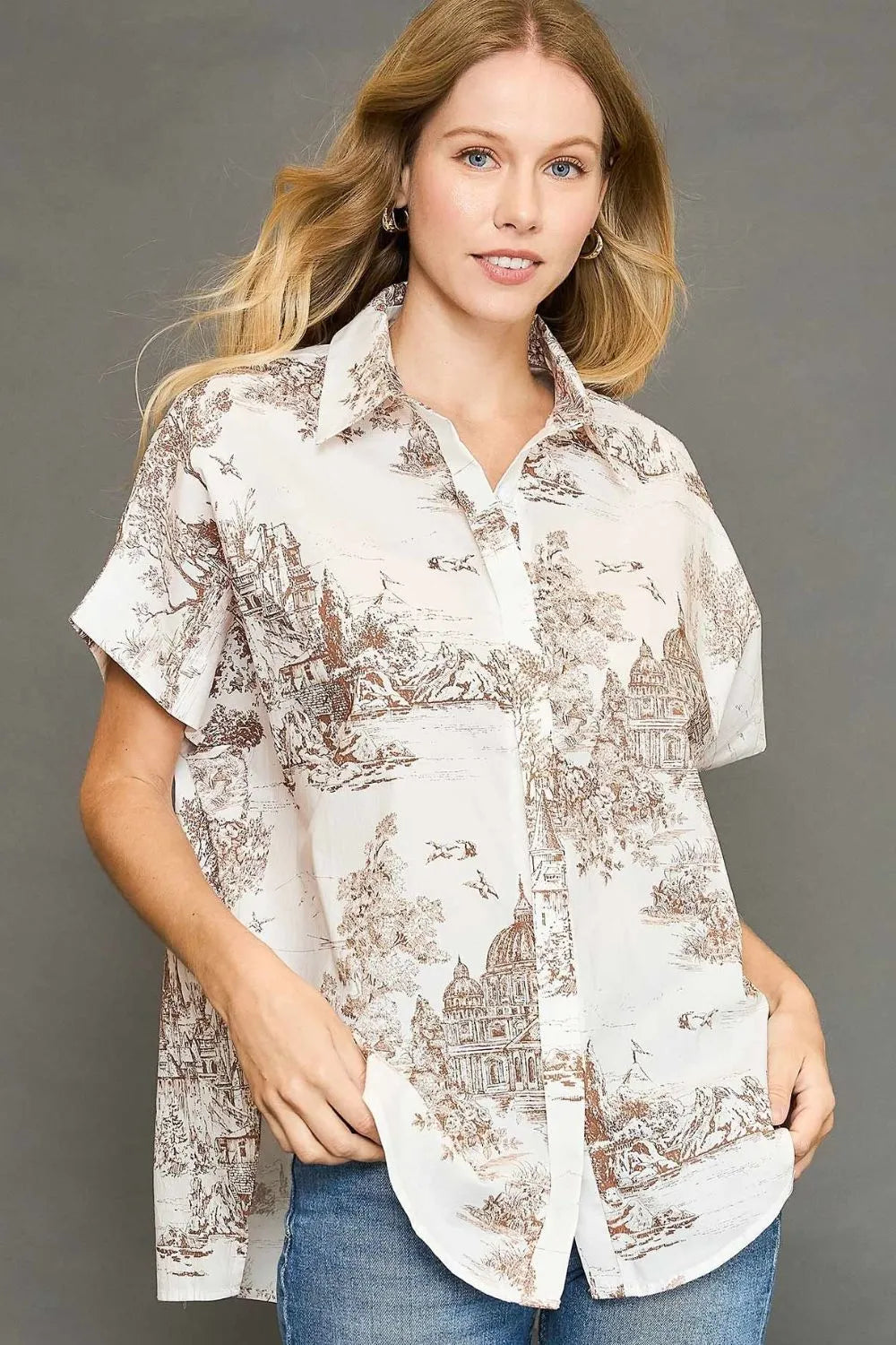 Umgee Two Tone Toile Print Button Up Short Sleeve Blouse Khaki